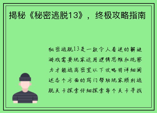 揭秘《秘密逃脱13》，终极攻略指南